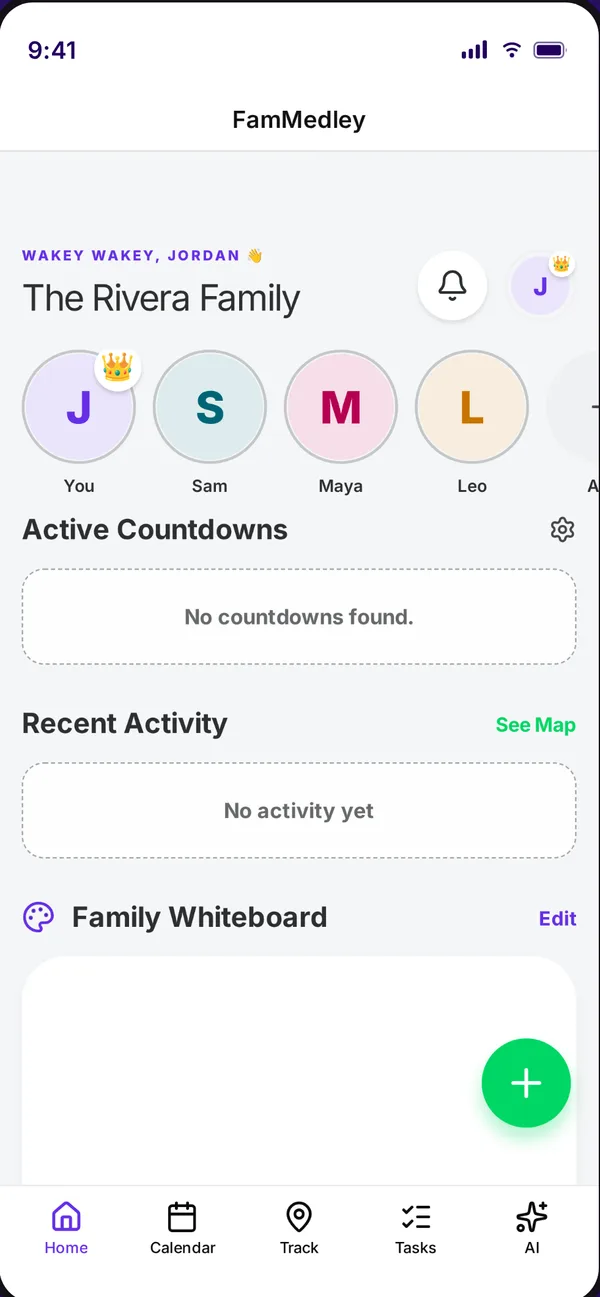 FamMedley home screen with the family, streaks and shared whiteboard