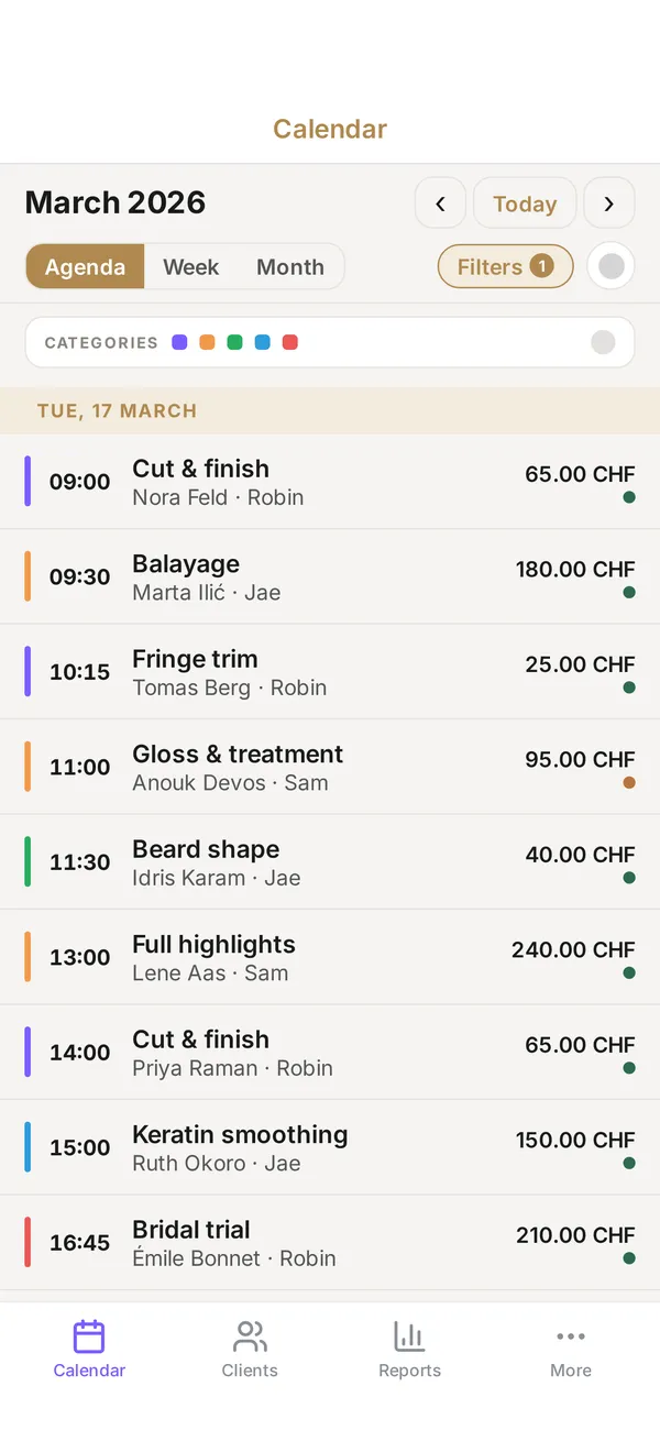 Lorenly booking calendar for a salon